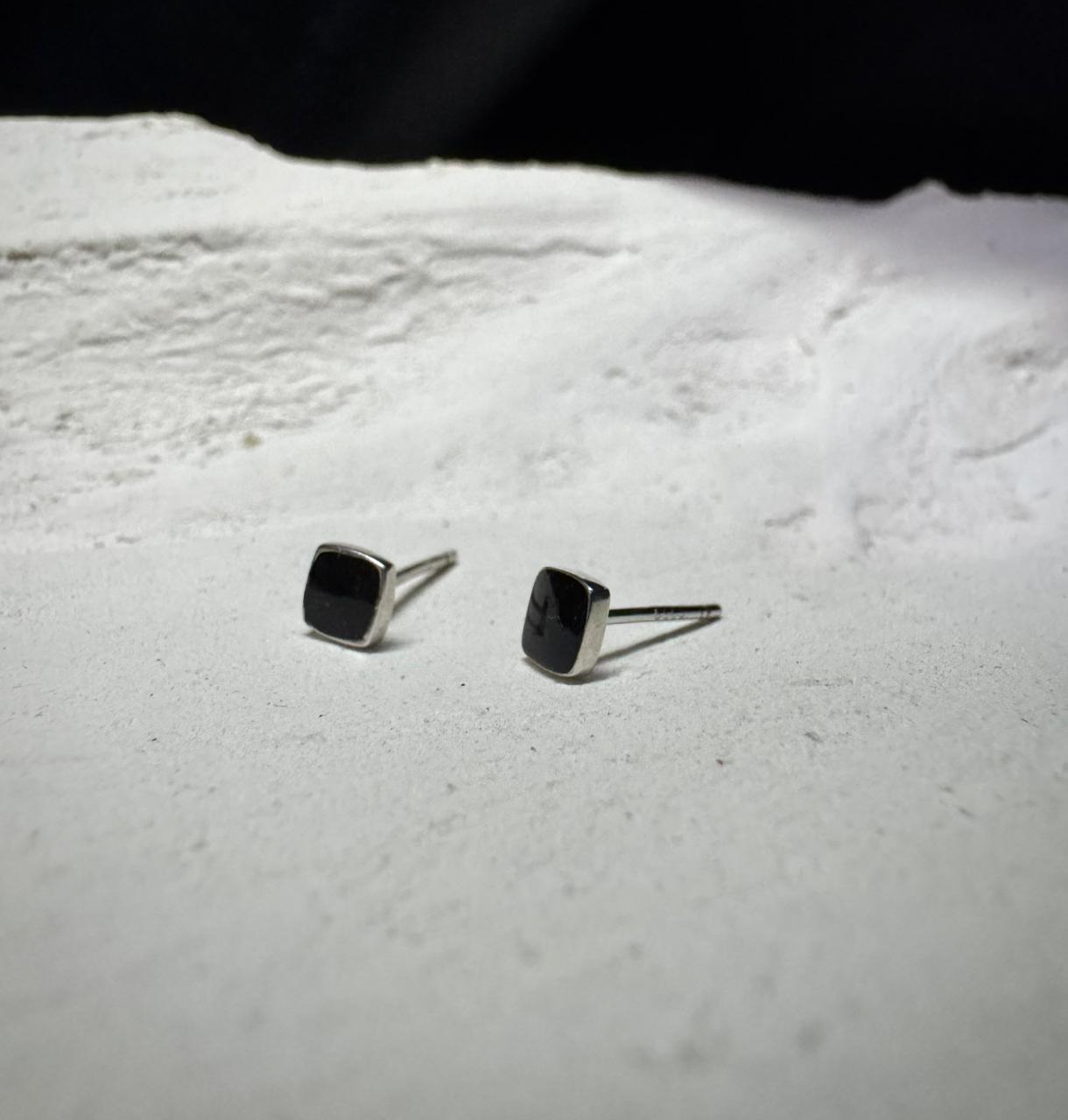 Midnight Onyx Square Silver Stud Earrings
